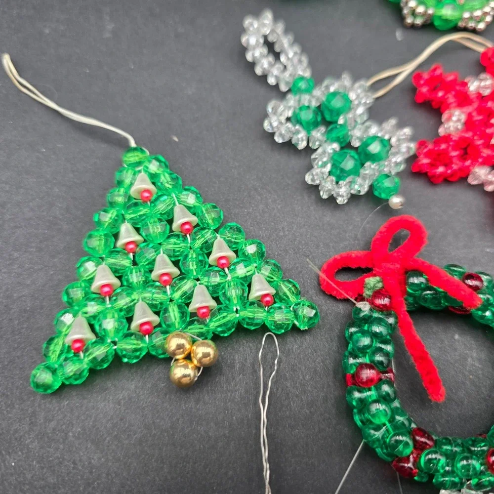 Vintage Handmade Beaded Christmas Ornaments Lot Wreaths Candy Canes Snowflakes